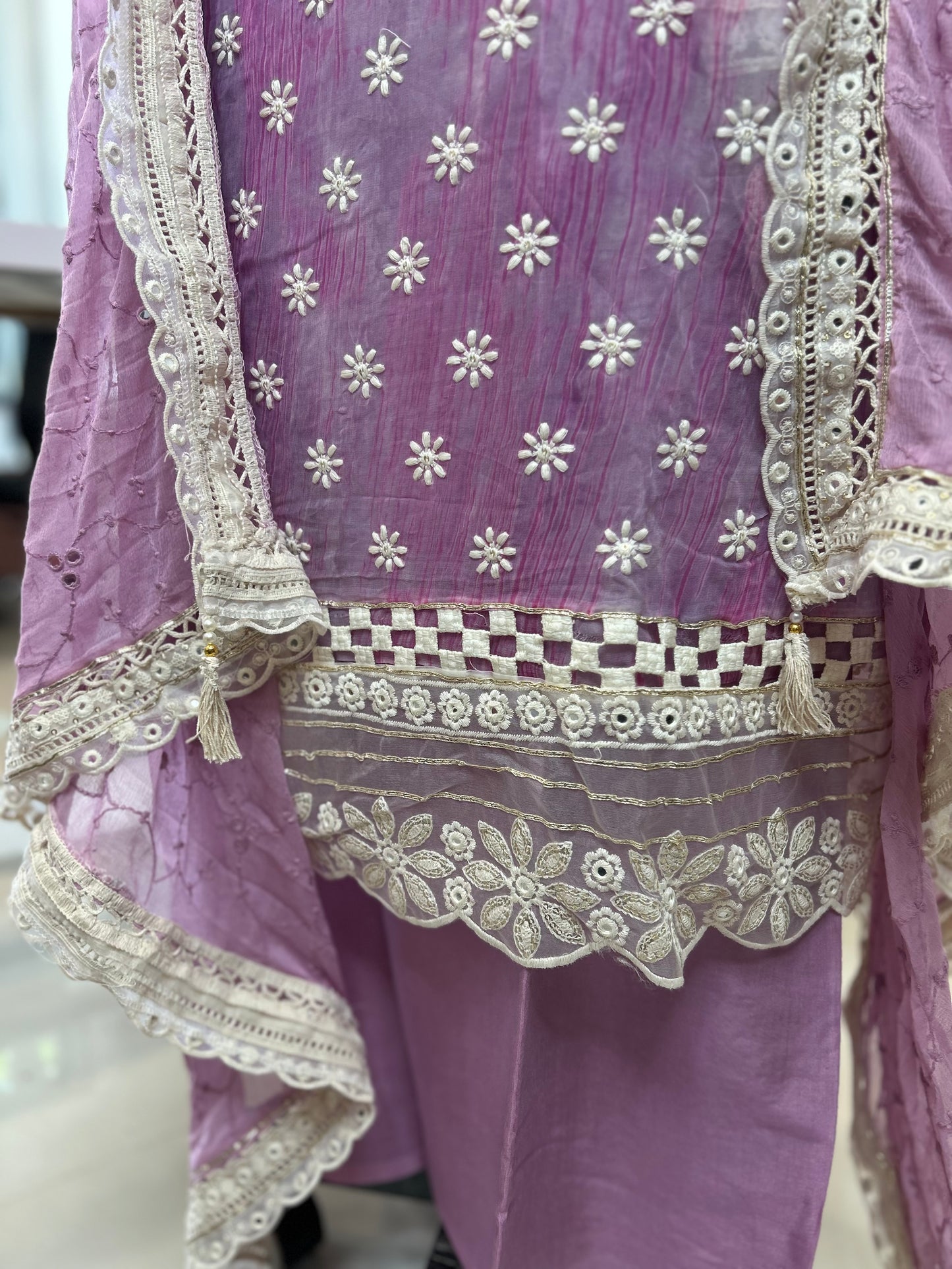 Elegant Pure Chiffon Dress with Karachi Laces, Santoon Bottom, and Chiffon Dupatta