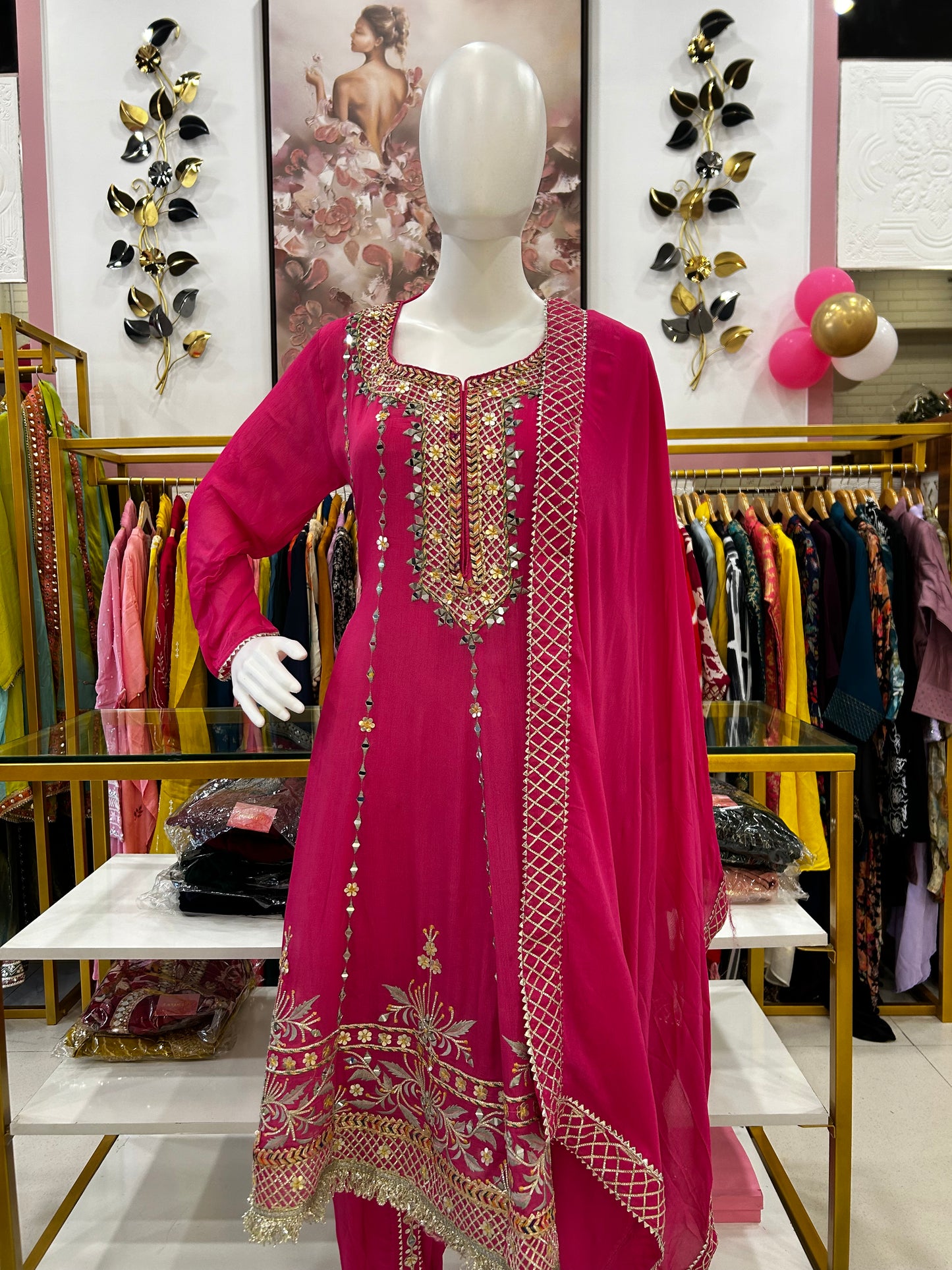 Pink short Anarkali with tulip pants and gota patti detailing