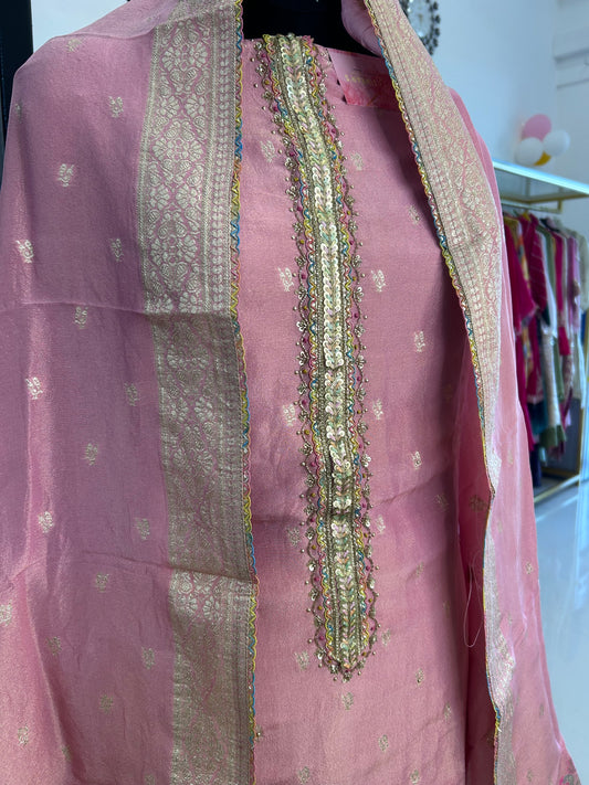 Graceful Chanderi Suit with Elegant Neckline and Matching Dupatta