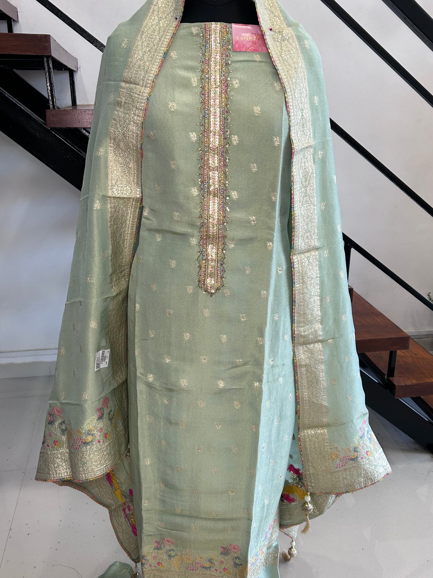 Graceful Chanderi Suit with Elegant Neckline and Matching Dupatta